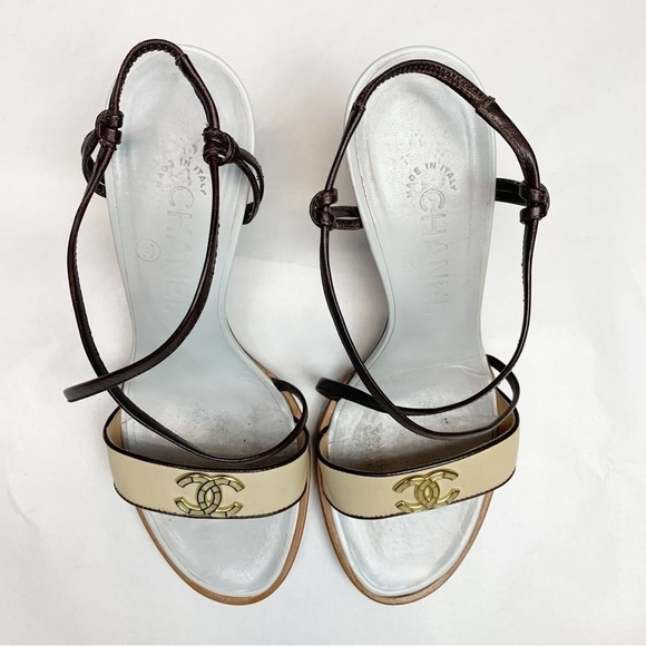 Chanel Blue / Brown Wooden Sole Strappy Heels Pumps 37 1/2 - Picture 3 of 13